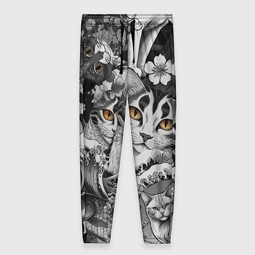 Женские брюки С котами и рыбой на фоне сакуры в волнах / 3D-принт – фото 1