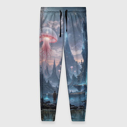 Женские брюки Фантастический мир с медузами и озеро у гор / 3D-принт – фото 1