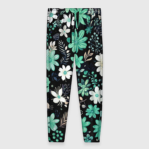 Женские брюки Чёрный в зелёный цветочек стилизованный / 3D-принт – фото 1