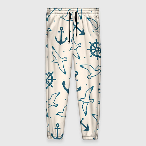 Женские брюки Морской паттерн из штурвалов, чаек и якорей / 3D-принт – фото 1