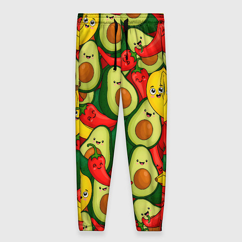 Женские брюки Авокадо, бананы, перцы чили улыбаются - паттерн фр / 3D-принт – фото 1