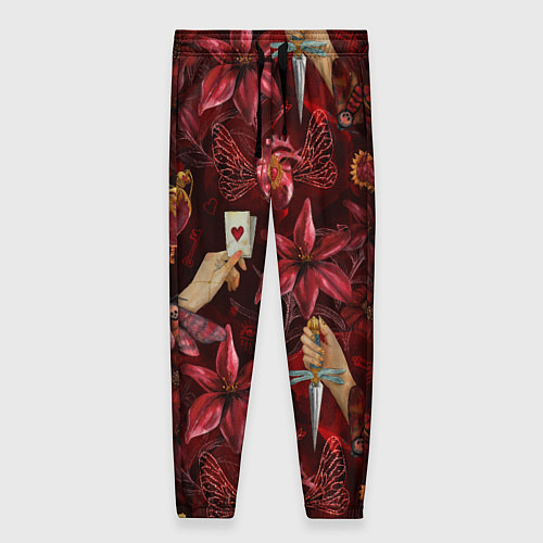 Женские брюки Бордовая готика с сердцем, лилиями и мотыльками / 3D-принт – фото 1