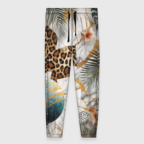 Женские брюки Мрамор с цветами и леопардовый узор / 3D-принт – фото 1