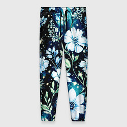 Брюки женские Стилизованные цветы сине-зелёный, цвет: 3D-принт