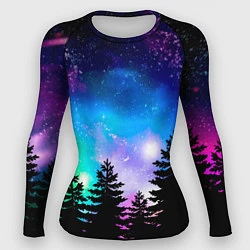Рашгард женский Космический лес, елки и звезды, цвет: 3D-принт