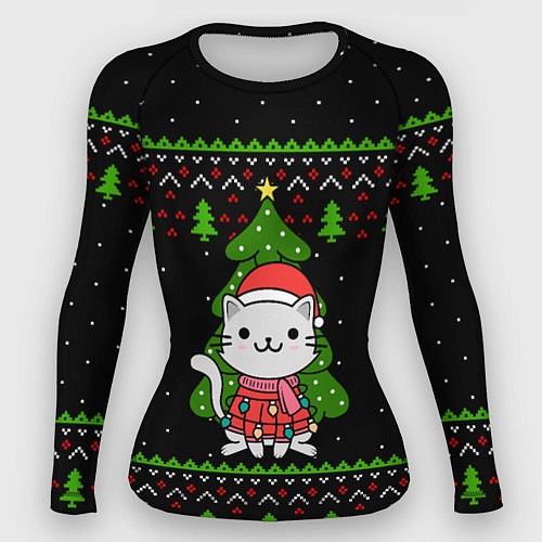 Женский рашгард КОТЁНОК И ЁЛОЧКА НОВОГОДНЯЯ / 3D-принт – фото 1
