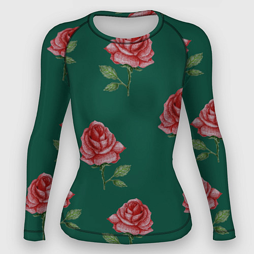 Женский рашгард Ярко красные розы на темно-зеленом фоне / 3D-принт – фото 1