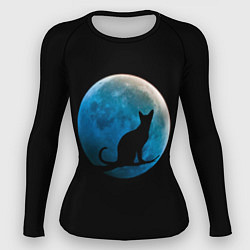 Рашгард женский Силуэт кота на фоне синей луны, цвет: 3D-принт