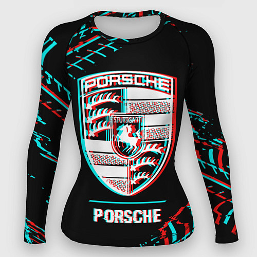 Женский рашгард Значок Porsche в стиле Glitch на темном фоне / 3D-принт – фото 1