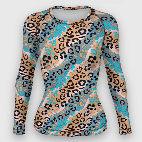 Женский рашгард Леопардовый узор на синих, бежевых диагональных по / 3D-принт – фото 1