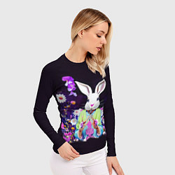 Рашгард женский Кролик в цветах на черном фоне, цвет: 3D-принт — фото 2