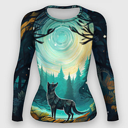 Рашгард женский Волк в ночном лесу фолк-арт, цвет: 3D-принт