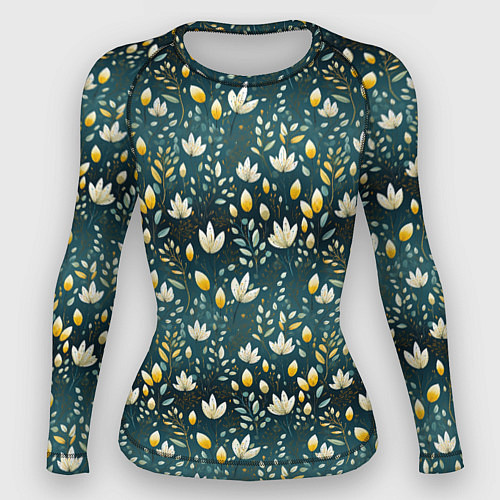 Женский рашгард Цветочки на зеленом поле паттерн / 3D-принт – фото 1