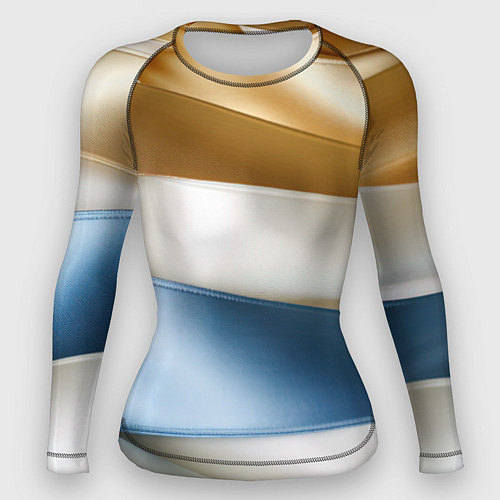 Женский рашгард Золотые и голубые волнистые вставки на белом фоне / 3D-принт – фото 1