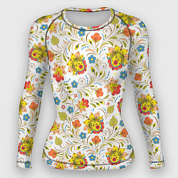 Рашгард женский Хохломская роспись разноцветные цветы на белом фон, цвет: 3D-принт