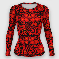 Рашгард женский Хохломская роспись красные цветы и ягоды на чёрном, цвет: 3D-принт