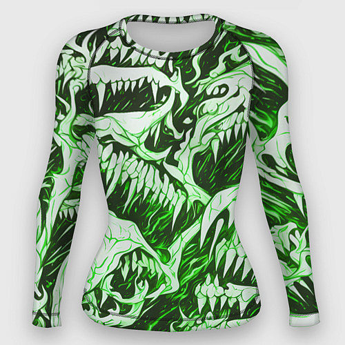 Женский рашгард Белые клыки на зелёном фоне / 3D-принт – фото 1