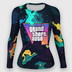 Рашгард женский GTA 6 logo яркий неоновый камуфляжный стиль, цвет: 3D-принт