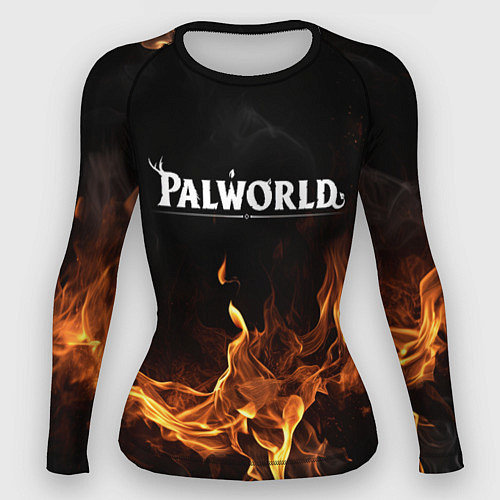 Женский рашгард Palworld логотип на черном фоне с огнем / 3D-принт – фото 1