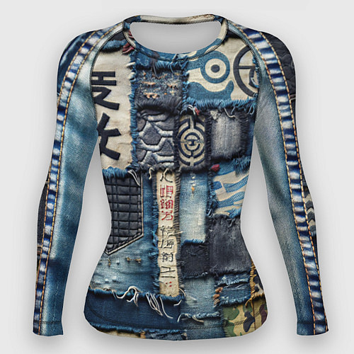 Женский рашгард Иероглифы на пэчворк дениме / 3D-принт – фото 1
