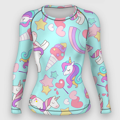 Женский рашгард Единорог мороженое конфета и сердечки на голубом ф / 3D-принт – фото 1
