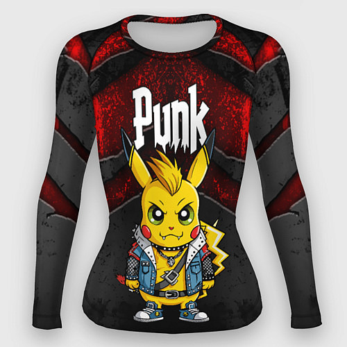 Женский рашгард Пикачу панк на фоне красных разломов черной тексту / 3D-принт – фото 1