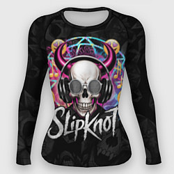 Женский рашгард Slipknot на фоне черепа демона с рогами в очках