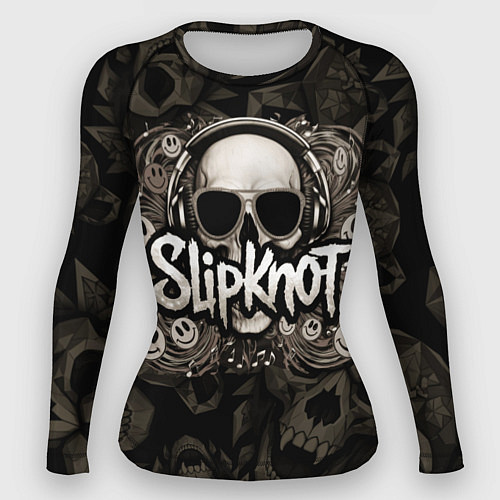 Женский рашгард Slipknot на фоне черепа в очках и наушниках / 3D-принт – фото 1