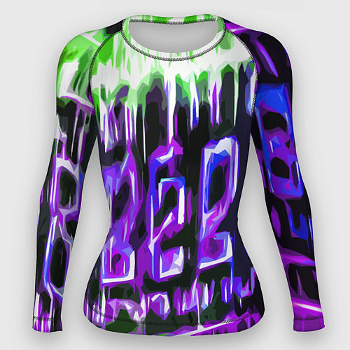 Женский рашгард Фиолетово-зелёная абстракция на чёрном фоне / 3D-принт – фото 1