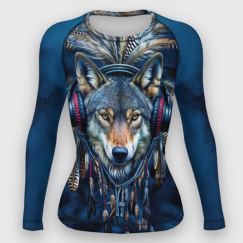 Женский рашгард Волк в наушниках и перья - индейский диджей / 3D-принт – фото 1