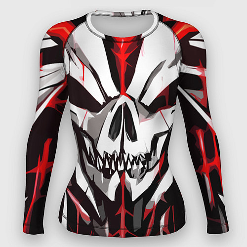 Женский рашгард Белый череп и красные полосы на чёрном фоне / 3D-принт – фото 1
