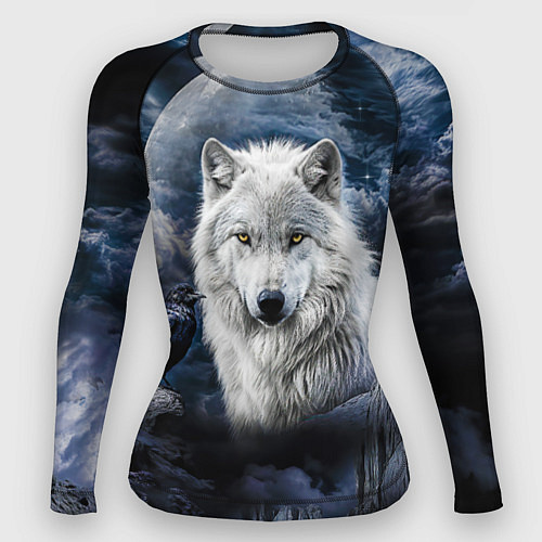 Женский рашгард Белый волк и ворон - темная ночь / 3D-принт – фото 1