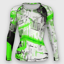 Рашгард женский Бело-зелёная абстракция на чёрном фоне, цвет: 3D-принт
