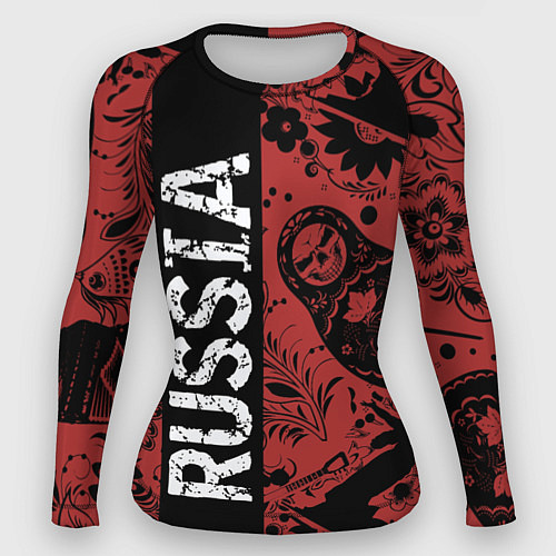 Женский рашгард Россия на фоне матрёшек балалайки и славянских узо / 3D-принт – фото 1