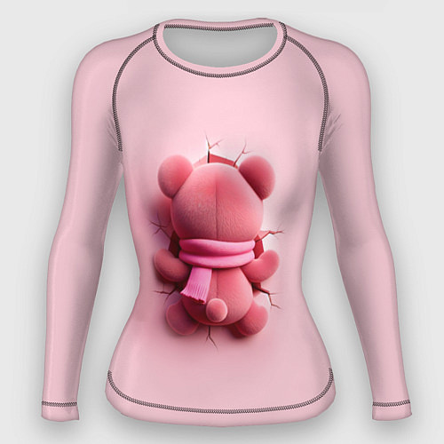 Женский рашгард Розовый плюшевый мишка со спины в разломе стены / 3D-принт – фото 1