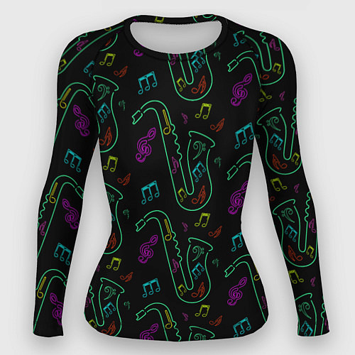 Женский рашгард Неоновый саксофон и музыкальные ноты / 3D-принт – фото 1