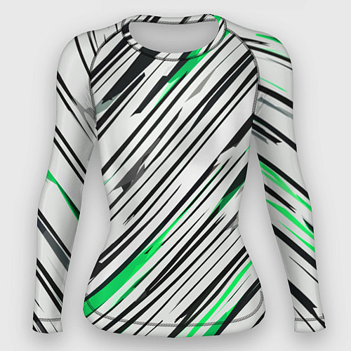 Женский рашгард Диагональные чёрно-зелёные полосы на белом фоне / 3D-принт – фото 1