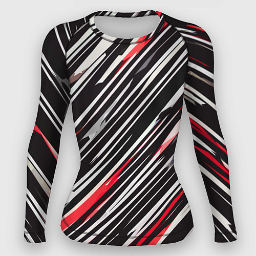 Женский рашгард Диагональные красно-белые полосы на чёрном фоне / 3D-принт – фото 1