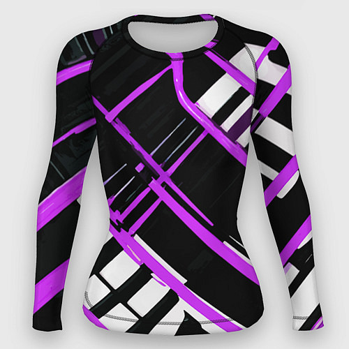 Женский рашгард Фиолетово-белые линии на чёрном фоне / 3D-принт – фото 1