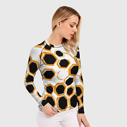Рашгард женский Чёрно-жёлтые шестиугольники на белом фоне, цвет: 3D-принт — фото 2