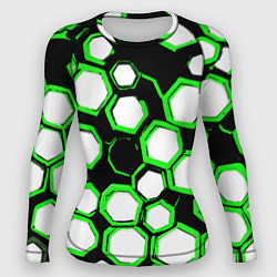 Рашгард женский Бело-зелёные шестиугольники на чёрном фоне, цвет: 3D-принт