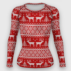 Рашгард женский Вязаный новогодний орнамент с оленями и ёлками, цвет: 3D-принт