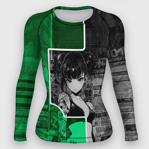 Женский рашгард Девушка с татуировками в серо-зелёных тонах / 3D-принт – фото 1