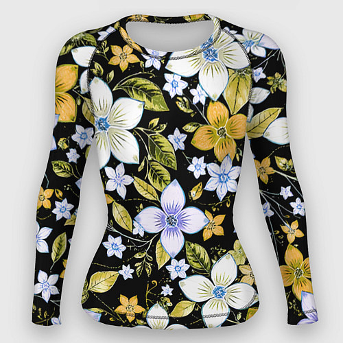 Женский рашгард Жёлто-белые цветы на чёрном фоне / 3D-принт – фото 1