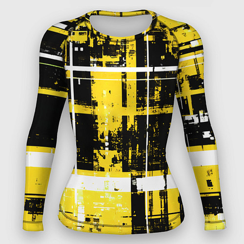 Женский рашгард Жёлто-белый гранж на чёрном фоне / 3D-принт – фото 1