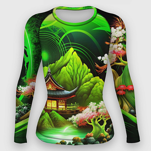 Женский рашгард Природа Японии в зеленых цветах / 3D-принт – фото 1