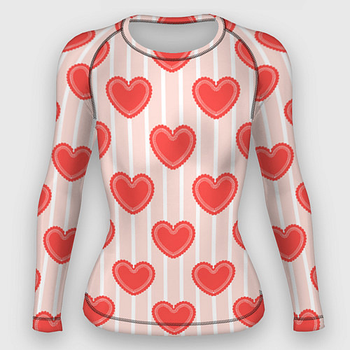 Женский рашгард Полосатый паттерн с красными ажурными сердечками / 3D-принт – фото 1