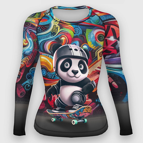 Женский рашгард Панда - крутой скейтбордист на фоне граффити / 3D-принт – фото 1