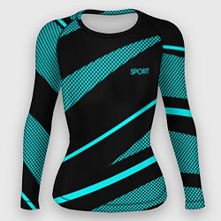 Рашгард женский Sport чёрный и неоновый голубой абстракция с полос, цвет: 3D-принт