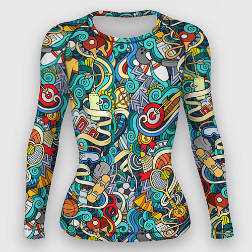 Женский рашгард Спортивный инвентарь коллаж / 3D-принт – фото 1